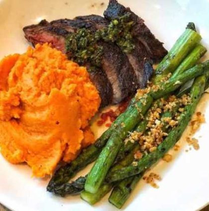 Flank Steak with Asparagus and Mashed Sweet Potatoes